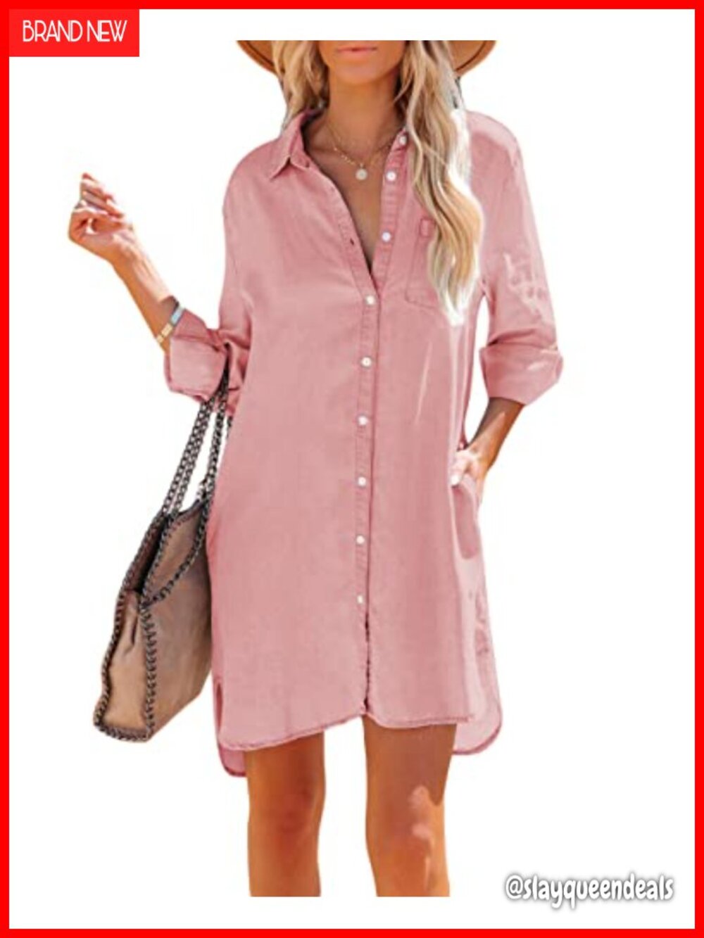 Women's Long Sleeve Silk Denim Button Down Shirt Dress Tunic with Pockets